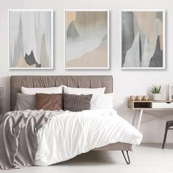 Abstract Mountains Neutral Print Download Wall Art Set Of 3 Living Room Picture Mountain Poster Gray And Beige Bedroom