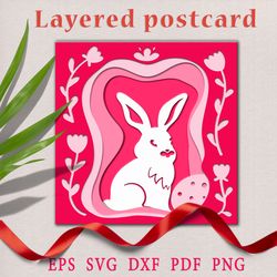 Rabbit on a Multi-layer postcard. Paper cut svg