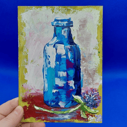 Clover in a Bottle, St. Patrick's Day Painting Clover Four Leaf Painting Bedside Small Painting Impasto Original Artwork