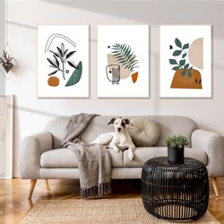 3 piece prints printable wall art leaf print abstract art large artwork leaves art set of 3 scandi poster rust and green