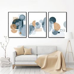 Wall Art Set Of 3 Abstract Ceometric Blue And Yellow Poster Download Living Room Picture Large Print Abstract Painting
