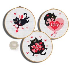 Valentine's cross stitch pattern, Cat black cross stitch, Heart Cross Stitch,  Love Cross Stitch Pattern 285