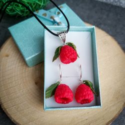 Raspberry earrings and necklace are weird funny funky quirky magic berries set