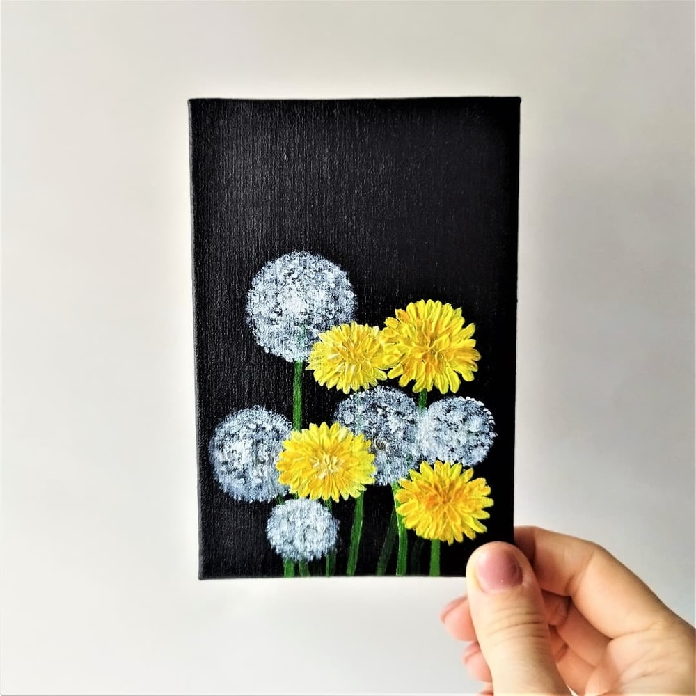 Small-painting-of-wildflowers-dandelion-wall-art-on-black-canvas-wall-decor.jpg