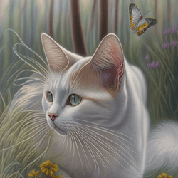 cat  a white cat chasing a butterfly, pastel pencils