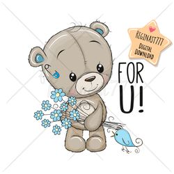 Cute Cartoon Teddy Bear PNG, clipart, Sublimation Design, Children printable, Flowers, art