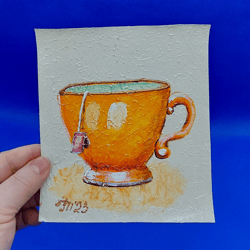 Yellow Cup Small painting Tea Art Food and Drink Painting Dishes Painting for the kitchen Original artwork