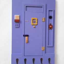 Friends apartment purple door Friends key holder for wall, Friends Gift wall Key Hook Holder, yellow frame friends welco