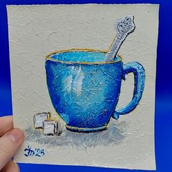 Blue Cup Small painting Tea Art Food and Drink Painting Dishes Painting for the kitchen Original artwork