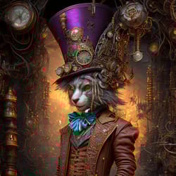 the mad hatter mechanical mad hatter in a ruined nightmare town, highly detailed, intricate, steampunk