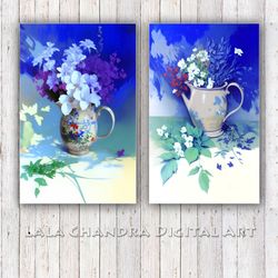Two Watercolor Floral Still Life, Vintage Style, Gentle Blue printable, watercolor posters, wall decor, wall art, Printa