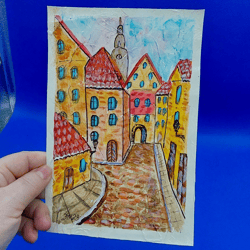 town painting old european city small painting street landscape summer city landscape original artwork