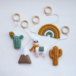 Llama play gym toys, cactus, mountain baby play gym toys, boho baby play gym toys, wooden baby gym toy, baby shower gift