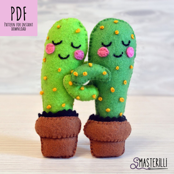 Felt cactus pattern & tutorial PDF for instant download. DIY felt cactus sewing pattern, easy stuffed felties for Valentine’s day gift. Two cacti felt ornament