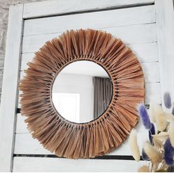 Wall Decor Bedroom Round mirror with raffia Home Decorative Mirror Wall Boho Raffia Mirror Home decor Wall hangings