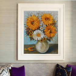 Original oil painting flower bouquet with sunflowers. Interior painting, decor,gift. picture miniature