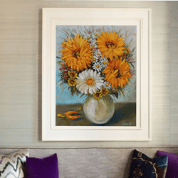 original oil painting flower bouquet with sunflowers. interior painting, decor,gift. picture miniature