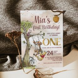 Winnie the Pooh Baby Birthday. Turning ONE. First Birthday Invitation template