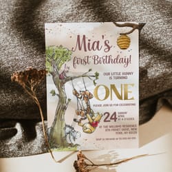winnie the pooh baby birthday. turning one. first birthday invitation template