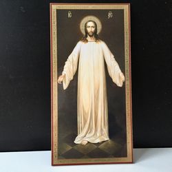 Jesus Christ in white robes, Lithography icon print on wood | Size: 8,5" x 4,3"
