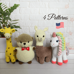 Set Crochet Patterns Animals, 4 Plush Toys Amigurumi Patterns, Digital Download Pdf.