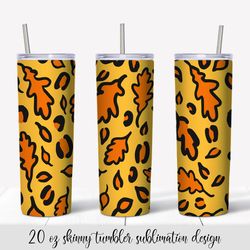 fall oak leaves leopard tumbler sublimation design. autumn tumbler wrap png