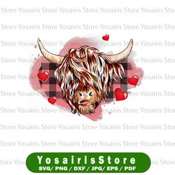 valentine highland cow heart png, buffalo plaid cow lover farmer png, valentines highland cow with hearts png