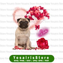 cute pug balloon heart png, valentine's day png, cute pug puppy png, valentines cute dog png,