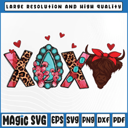 highland cow with heart western cowhide leopard valentine png, xo xo cow, valentine day, digital download