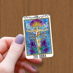the libra zodiac tarot card waterproof glossy sticker, libra horoscope vinyl stickers, tarot card decal