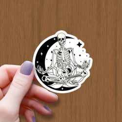 meditating skeleton waterproof glossy sticker, namaste halloween sticker, skeleton sticker, spooky vinyl sticker