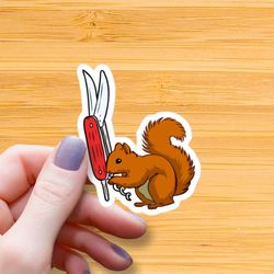 squirrel with swiss knife waterproof glossy sticker, squirrel with knife vinyl sticker, meme stickers