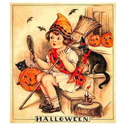 retro girl witch halloween waterproof glossy sticker, witchy sticker, pumpkin vinyl sticker, halloween sticker