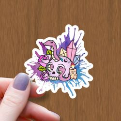 witchy skull with moon crystal and snake waterproof glossy sticker, witch sticker, moon sticker, halloween sticker
