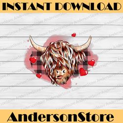 valentine highland cow heart png, buffalo plaid cow lover farmer png, valentines highland cow with hearts png