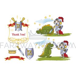 LITTLE KING AND DRAGON Cartoon Vector Illustration Set