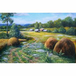 Rural landscape painting Wall art 16x20 inches on canvas oil painting Artwork Summer  oil painting A field of wheat