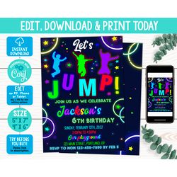 Editable jump birthday invitation Corjl template Boy jumping invitation Bounce party invite Neon silhouette trampoline