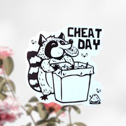 cheat day raccoon sticker, trash raccoon decal