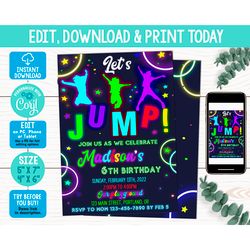 editable jump birthday invitation corjl template girl jumping invitation bounce party invite neon silhouette trampoline