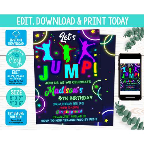 Editable jump birthday invitation Corjl template Girl jumping invitation Bounce party invite Neon silhouette trampoline