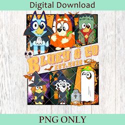 bluey and co halloween png, trick or treat bluey png, halloween party png, halloween bluey png, bluey and friends png