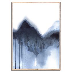Indigo Mountain Art Print Milford Sound Watercolor Painting New Zealand Landscape Abstract Watercolor Wall Art Dark Blue