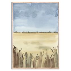 Wheat Field Painting Minimalist Landscape Watercolor Art Print Farmhouse Wall Art Rustic Country House Beige and Brown