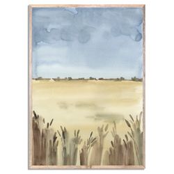 wheat field painting minimalist landscape watercolor art print farmhouse wall art rustic country house beige and brown