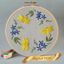 Yellow daffodils wreath pattern pdf embroidery, Easy hand embroidery DIY
