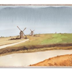windmill art print farmhouse watercolor painting village field minimalist landscape rustic wall art beige blue
