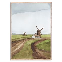 dutch windmill art print farmhouse landscape watercolor painting green brown and sage blue wall art rustic wall decor