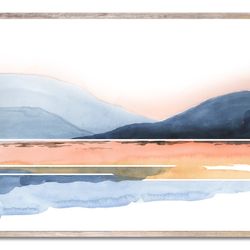 Mountain Lake Art Print Sunrise Lake Watercolor Painting Indigo Blue Abstract Minimalist Landscape Wall Art