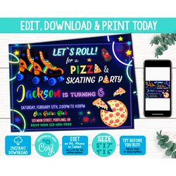 editable roller skate birthday invitation corjl template boy skating and pizza invitation skating party invite neon glow
